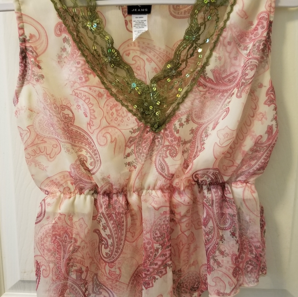 Vintage NWT Y2K XOXO Jeans Sheer Paisley Boho/Fairy Sequined V-Neck Top S
